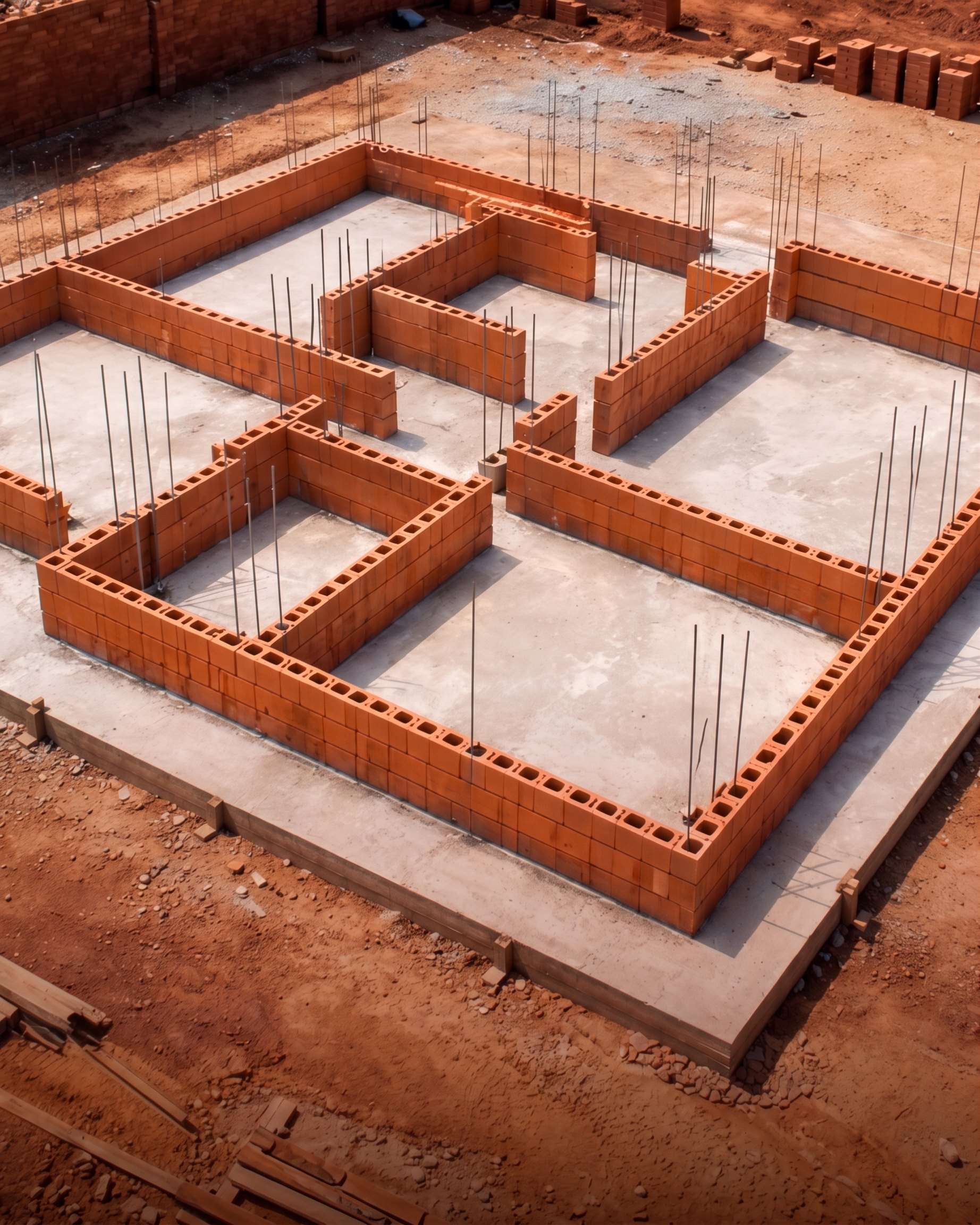 Paredes de alvenaria em blocos cerâmicos durante a construção