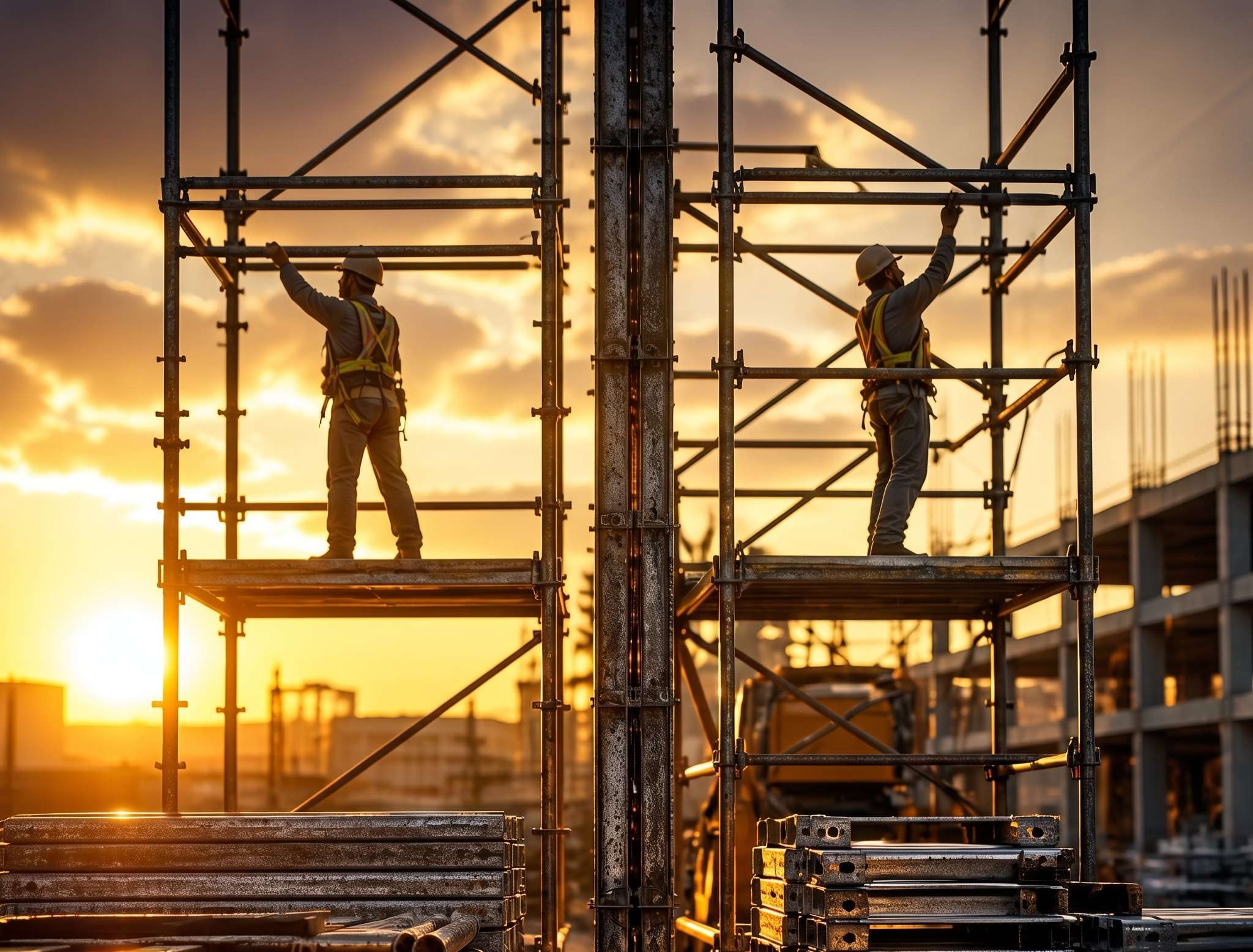 Trabalhadores em andaimes com peças empilhadas no canteiro