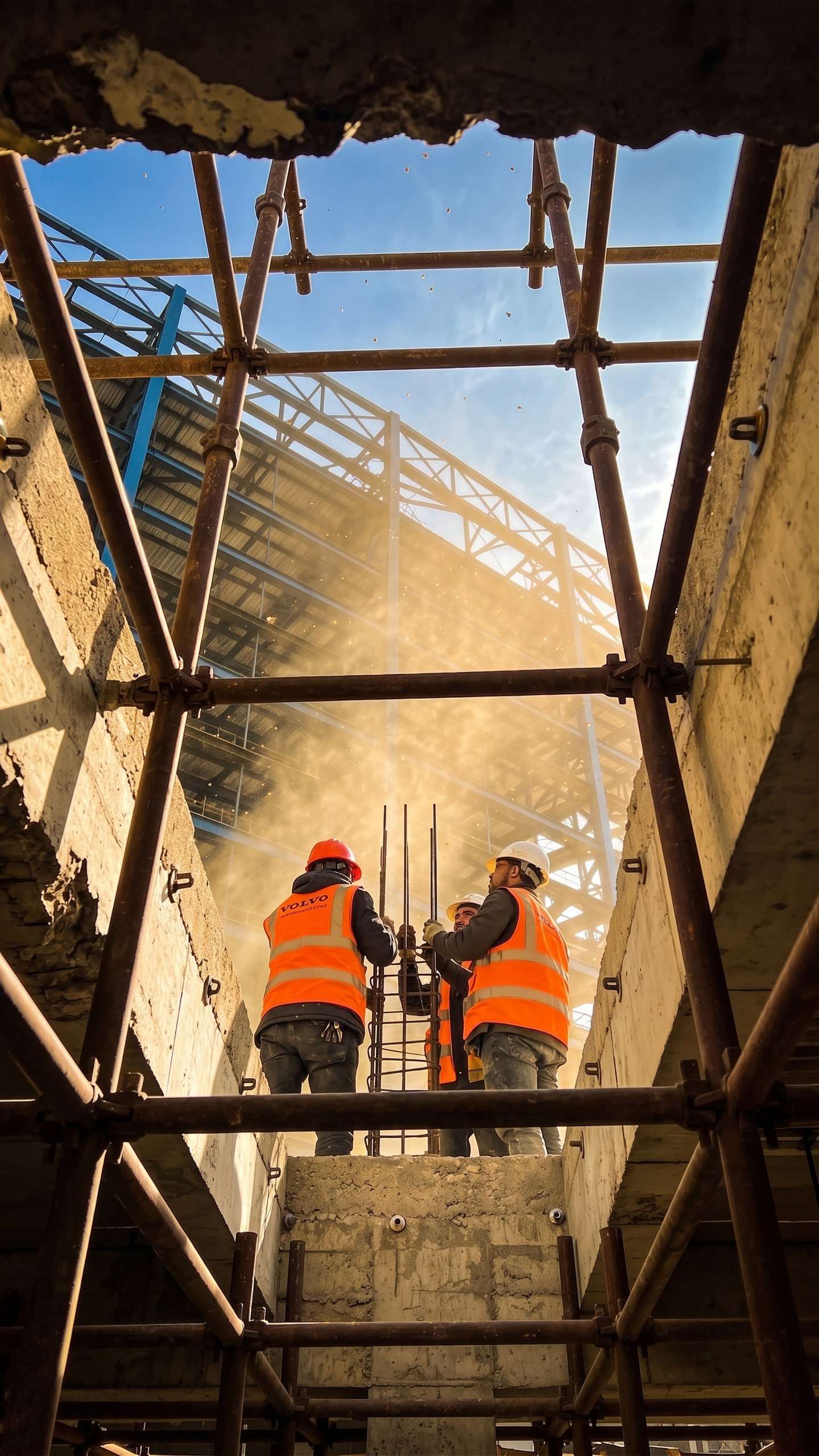 Equipe trabalhando em poço de obra com escoramento